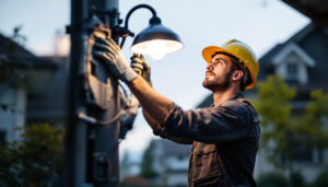 A photograph of a skilled lighting contractor in action