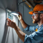A photograph of a skilled lighting contractor inspecting and installing an electric box cover in a well-lit