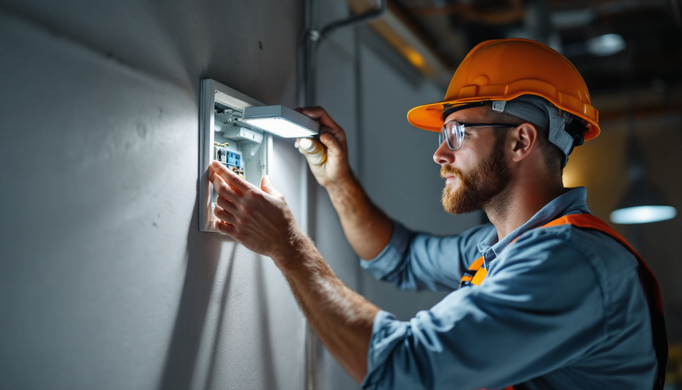 A photograph of a skilled lighting contractor inspecting and installing an electric box cover in a well-lit