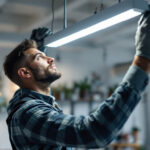 A photograph of a skilled lighting contractor installing a sleek 4-foot led light fixture in a modern workspace