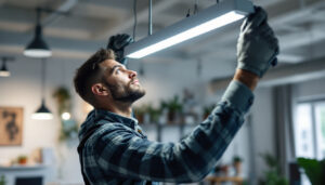 A photograph of a skilled lighting contractor installing a sleek 4-foot led light fixture in a modern workspace