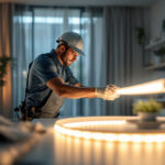 A photograph of a lighting contractor installing a magnetic led strip in a modern residential or commercial setting