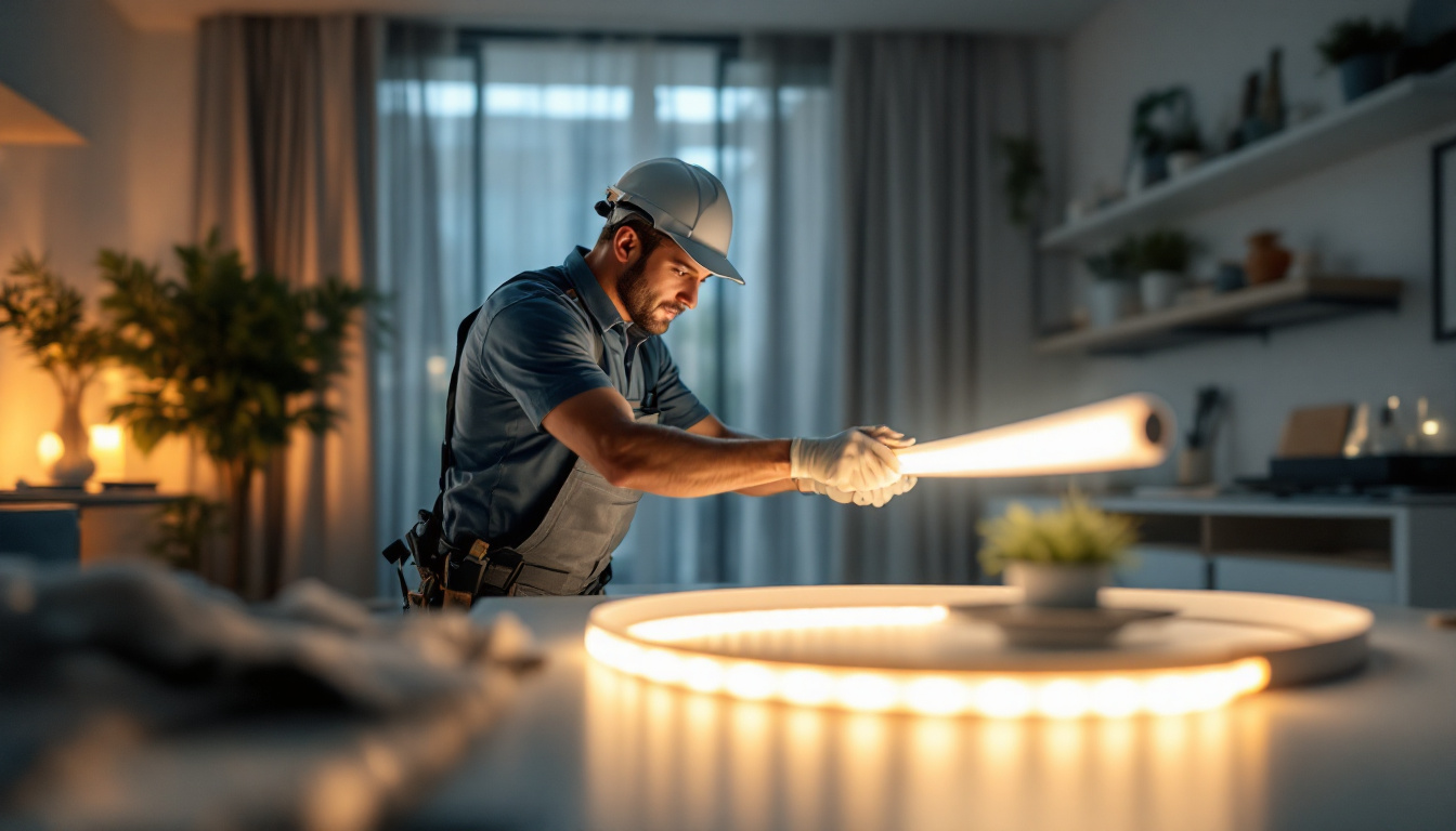 A photograph of a lighting contractor installing a magnetic led strip in a modern residential or commercial setting