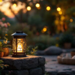 A photograph of a beautifully designed solar-powered outdoor lantern illuminating a cozy garden setting at dusk