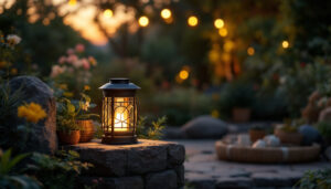 A photograph of a beautifully designed solar-powered outdoor lantern illuminating a cozy garden setting at dusk