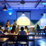 A photograph of a well-lit school environment showcasing various lighting options