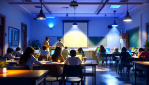 A photograph of a well-lit school environment showcasing various lighting options