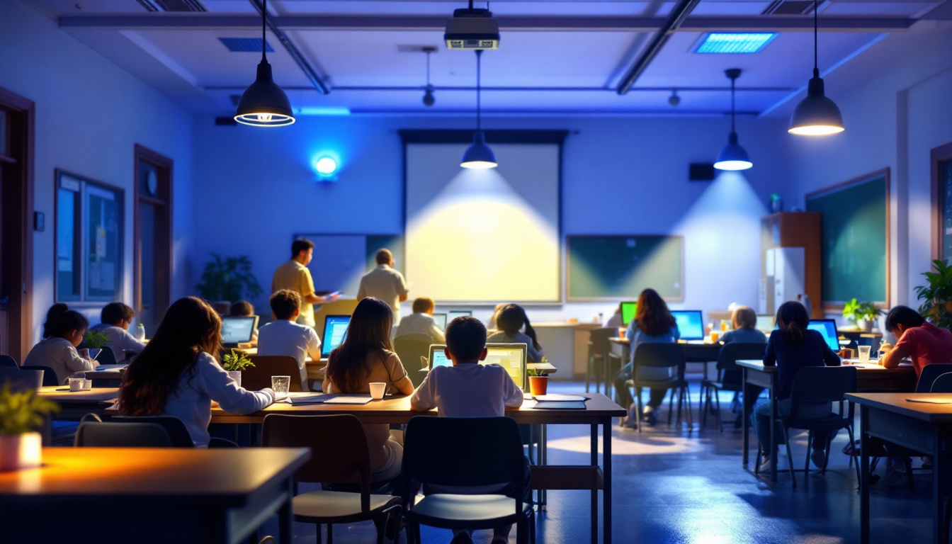 A photograph of a well-lit school environment showcasing various lighting options