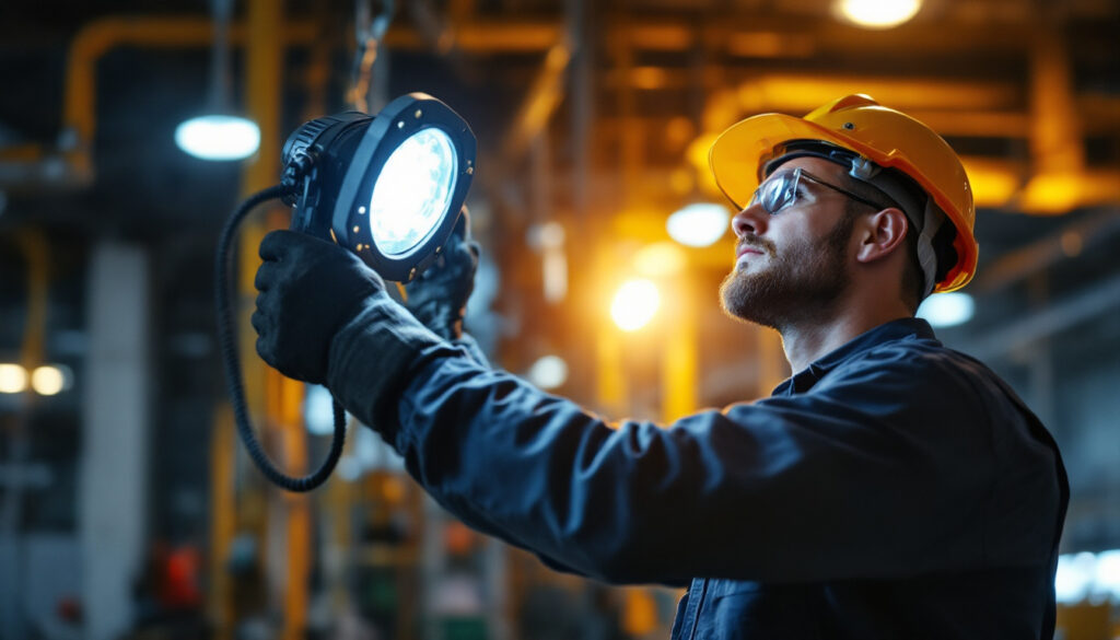 A photograph of a skilled lighting contractor installing explosion-proof led lights in an industrial setting