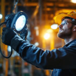 A photograph of a skilled lighting contractor installing explosion-proof led lights in an industrial setting