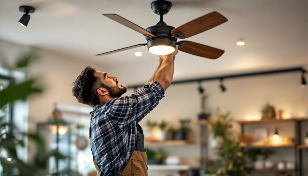 A photograph of a skilled lighting contractor installing an aesthetically pleasing ceiling fan in a stylish retail environment