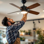 A photograph of a skilled lighting contractor installing an aesthetically pleasing ceiling fan in a stylish retail environment