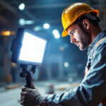 A photograph of a lighting contractor using a 4 ft led worklight in an active job site