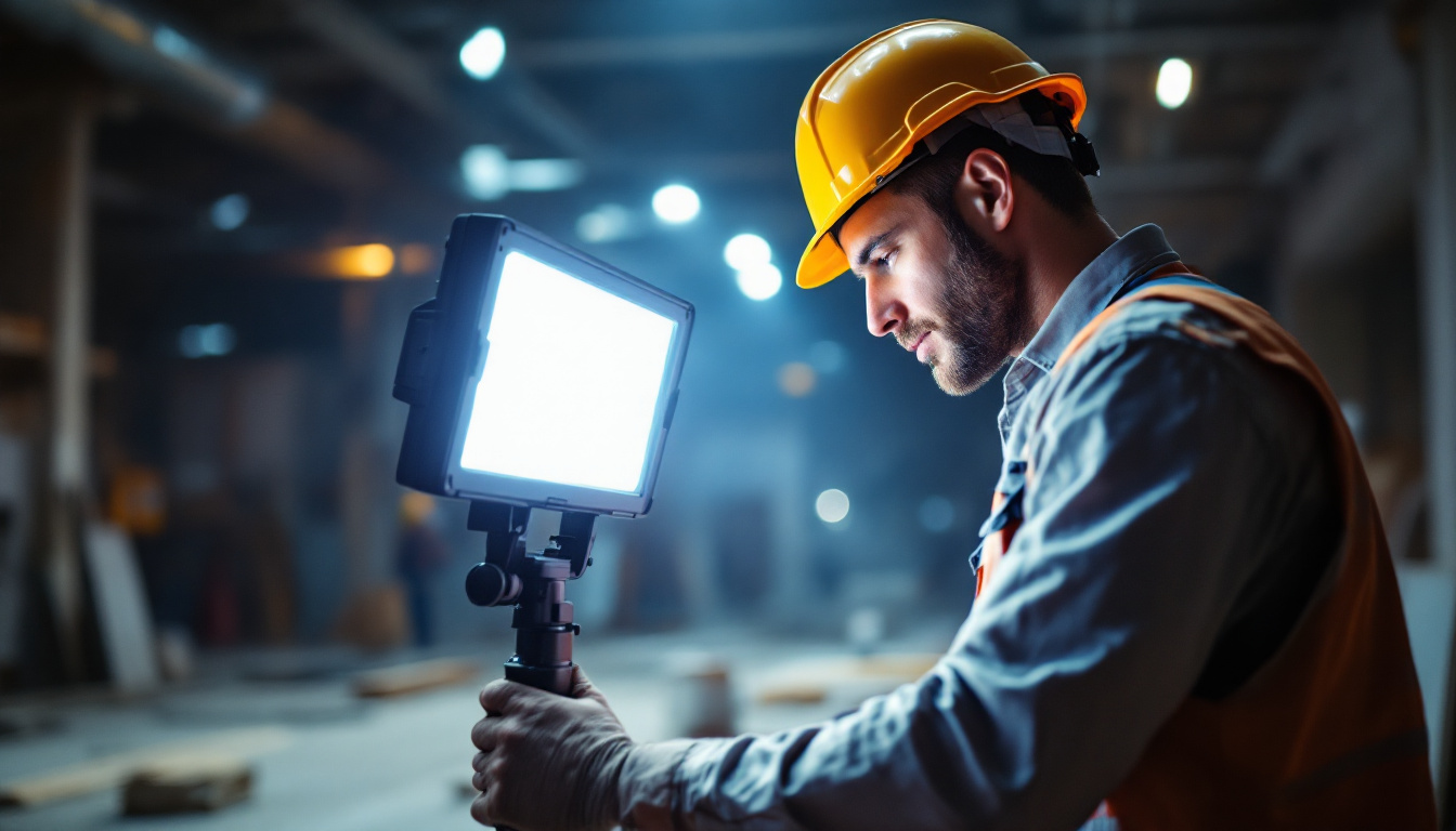 A photograph of a lighting contractor using a 4 ft led worklight in an active job site