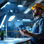A photograph of a lighting contractor assessing a well-lit workspace