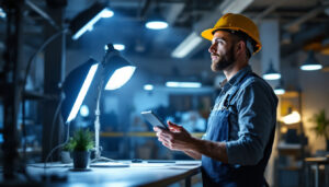 A photograph of a lighting contractor assessing a well-lit workspace