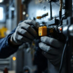 A photograph of a lighting contractor expertly installing a fused plug in a well-lit workspace