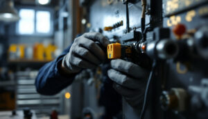 A photograph of a lighting contractor expertly installing a fused plug in a well-lit workspace