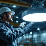 A photograph of a lighting contractor installing or inspecting a sleek