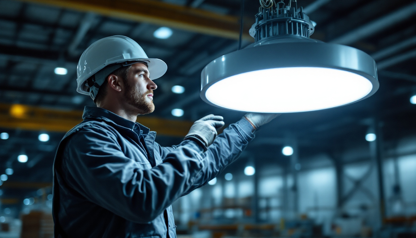 A photograph of a lighting contractor installing or inspecting a sleek