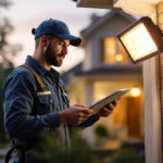 A photograph of a lighting contractor installing an electric motion sensing flood light fixture in a residential or commercial setting