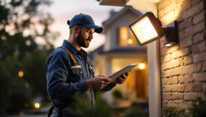 A photograph of a lighting contractor installing an electric motion sensing flood light fixture in a residential or commercial setting