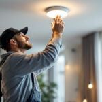 A photograph of a skilled lighting contractor installing or showcasing high-quality led ceiling light bulbs in a modern