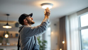 A photograph of a skilled lighting contractor installing or showcasing high-quality led ceiling light bulbs in a modern