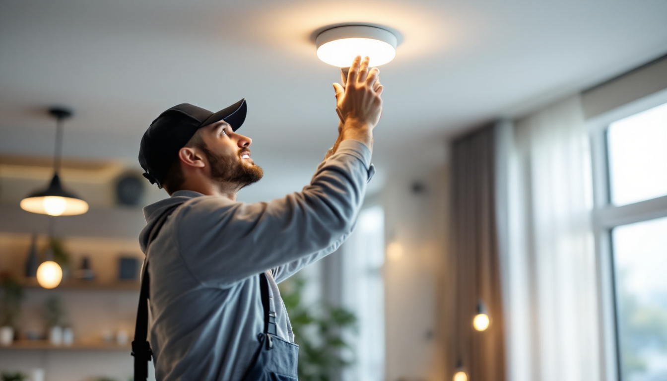 A photograph of a skilled lighting contractor installing or showcasing high-quality led ceiling light bulbs in a modern