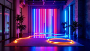 A photograph of a dynamic lighting installation featuring light tape in a modern setting