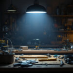 A photograph of a well-lit workshop scene featuring an led workshop light illuminating various tools and workspaces