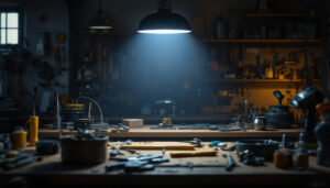 A photograph of a well-lit workshop scene featuring an led workshop light illuminating various tools and workspaces