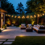 A photograph of a beautifully illuminated outdoor patio showcasing various solar lighting options