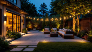 A photograph of a beautifully illuminated outdoor patio showcasing various solar lighting options