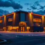 A photograph of a well-lit warehouse exterior at dusk