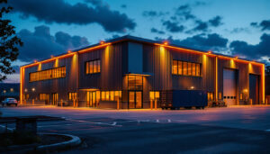 A photograph of a well-lit warehouse exterior at dusk