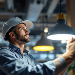 A photograph of a professional lighting contractor installing or inspecting a sleek led fixture in a modern commercial space