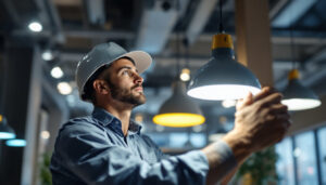 A photograph of a professional lighting contractor installing or inspecting a sleek led fixture in a modern commercial space