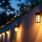 A photograph of a beautifully illuminated outdoor space featuring various styles of wall mount solar lights installed on a home or garden wall during twilight