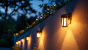 A photograph of a beautifully illuminated outdoor space featuring various styles of wall mount solar lights installed on a home or garden wall during twilight