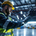 A photograph of a lighting contractor installing or inspecting a sleek
