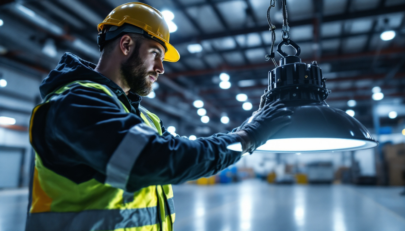 A photograph of a lighting contractor installing or inspecting a sleek