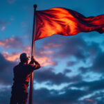 A photograph of a skilled lighting contractor installing or adjusting a flag lighting system at dusk