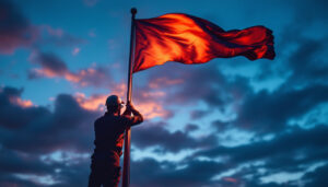 A photograph of a skilled lighting contractor installing or adjusting a flag lighting system at dusk