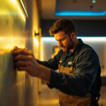 A photograph of a lighting contractor skillfully installing led light tape in a modern interior setting
