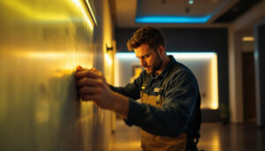 A photograph of a lighting contractor skillfully installing led light tape in a modern interior setting