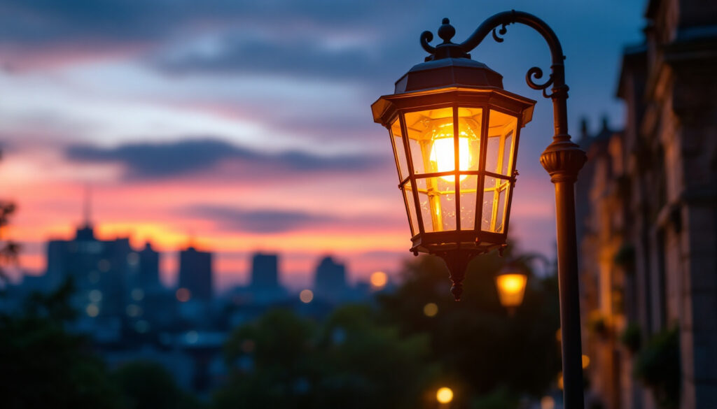 A photograph of a vintage street light illuminating a modern urban setting at dusk