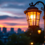 A photograph of a vintage street light illuminating a modern urban setting at dusk