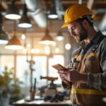A photograph of a lighting contractor at work