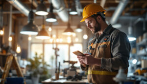 A photograph of a lighting contractor at work